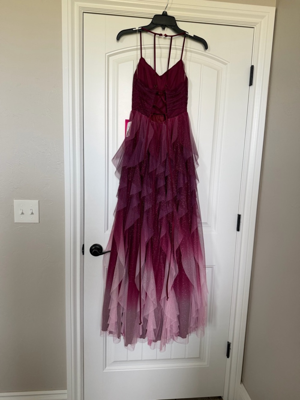 NWT Sparkling Ombre Ruffle Tulle Gown - Burgundy to Pink Prom Dress size 3/4